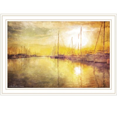 HomeRoots Yellow Sunset Boats In Marina White Framed Print Wall Art