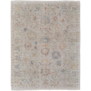 Tan Brown and Blue Floral Hand Woven Distressed Area Rug With Fringe - 1 of 4