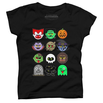 Girl's Design By Humans Monster Faces Halloween Emoji Shirt Skeleton ...