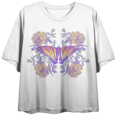 Vintage Floral Gradient Butterfly Crew Neck Short Sleeve Women's White ...