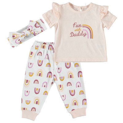 Image of Chick Pea Baby Girl Clothes Layette Set Footless Sleep and Play 3 Pack Rainbow Ruffle Peach 3-6M