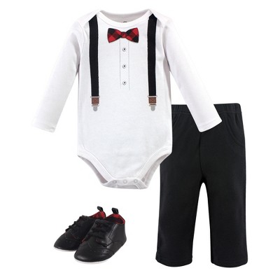 Image of Little Treasure Baby Boy Cotton Bodysuit, Pant and Shoe 3pc Set, Lumberjack Bow Tie, 9-12 Months