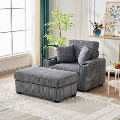 TIRAMISUBEST 55" Oversized Chaise Lounge Chair with Ottoman and Storage, with Cup Holder,Mobile Phone Stand&USB Charging Port, Gray