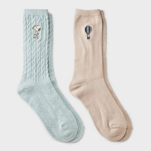 Women's Peanuts Super Soft Embroidered 2pk Crew Socks - Green/Taupe 4-10 - 1 of 3