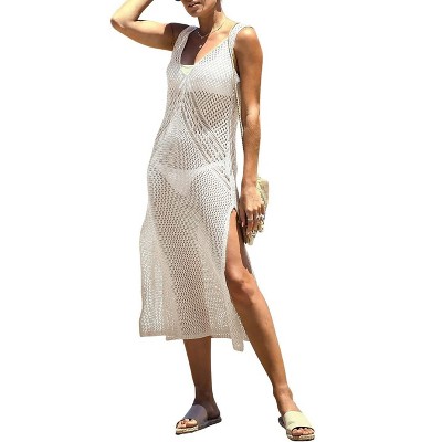 Womens Beach Cover Slit V Neck Sheer Tank Dress Boho Beach Dress Beach Cover Ups for Bikini Bathing Suits Cover-Ups