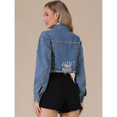 INSPIRE CHIC Women's Rivet Studded Denim Turndown Collar Long Sleeve Casual Wash Cropped Jean Jacket X-Large Light Blue — фото 3