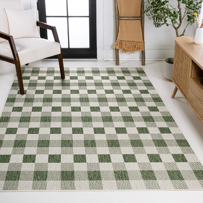 Darcy Green and Cream Geometric Synthetic Indoor/Outdoor Area Rug