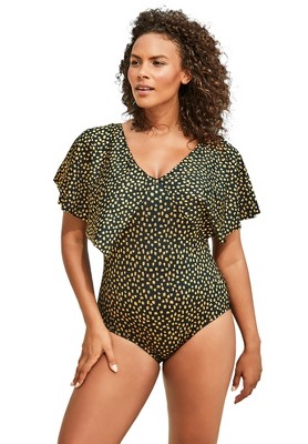 Swim 365 Women's Plus Size Flutter-sleeve One-piece, 26 - Gold Foil Dots :  Target