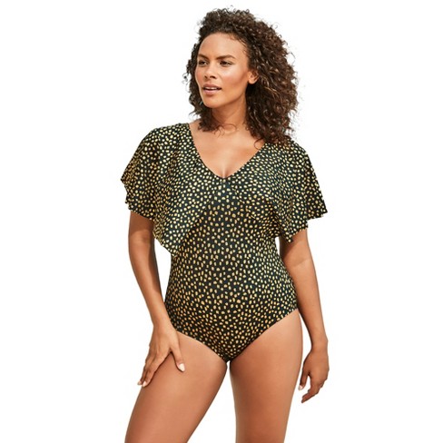 Plus Size Women's Flutter-Sleeve One-Piece by Swim 365 in Gold Foil Dots (Size  16) Swimsuit