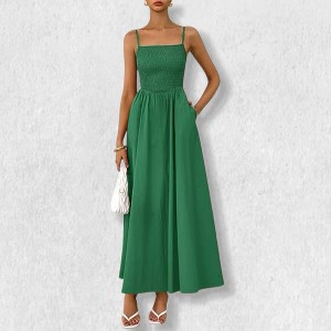 Women Spaghetti Strap Slip Dress with Pockets, Pleated Bust Casual Dress  Dark Green L : Target