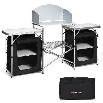 Costway Folding Portable Aluminum Camping Grill Table w/ Storage Organizer Windscreen Black