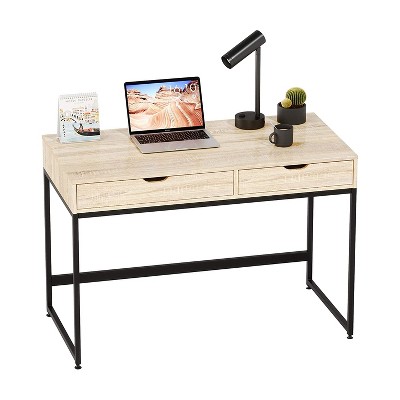 Bestier Small Rectangular Office Writing Computer Workstation Vanity Makeup Desk Minimal Elegant Simple Style with 2 Large Drawers, 43.31 Inches, Oak