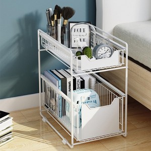 2-Tier Pull Out Cabinet Organizer, Duty Slide Out Pantry Shelves Drawer Storage Fixed with Adhesive Film, Sliding Mesh Cabinet Basket , White - 1 of 4