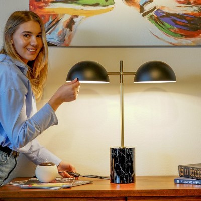 Gulches Black Table Lamp with On/Off Switch & Faux Marble Base - 22.4" H Double Lamp