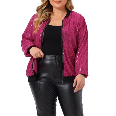 Agnes Orinda Women's Plus Size Party Metallic Sequin Sparkle Zip Bomber  Jackets Gold 3X