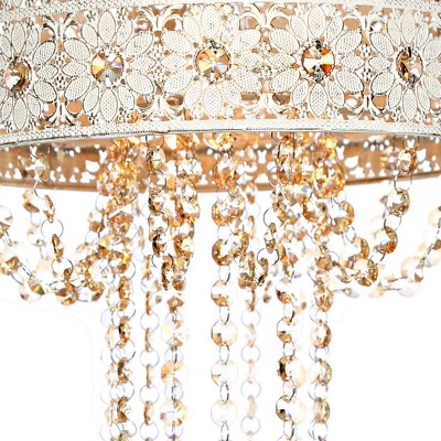 Gold Crystal Drum Pendant Light with Floral Design