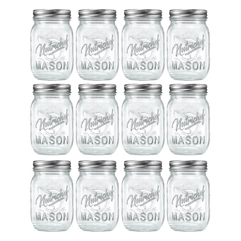 NutriChef 12 Pcs. Glass Mason Jars with Regular Lids and Bands, DIY Magnetic Spice Jars, Ideal for Meal Prep, Jam, Honey, Wedding Favors, and more, 1 of 8