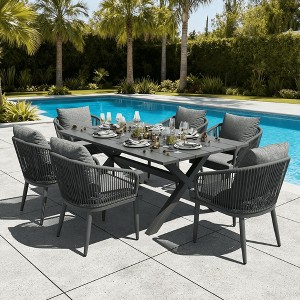 LayinSun 7 Pieces Outdoor Patio Dining Set with Aluminium Rectangular Dining Table and Wicker Rattan Chairs Set - 1 of 4