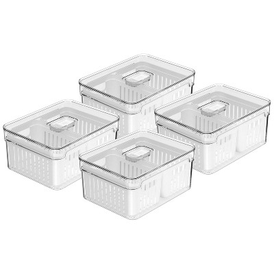 OU Clear Fridge Organizer Set, 4 Pack Stackable Produce Bins with Dual Removable Basket Drainers, BPA Free Fridge Storage for Fruits & Veggies, 74.3oz
