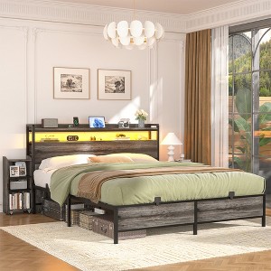 Aheaplus Queen Bookcase Bed with Storage Slide Bedside Shelf and Charging Station & LED Light - 1 of 4