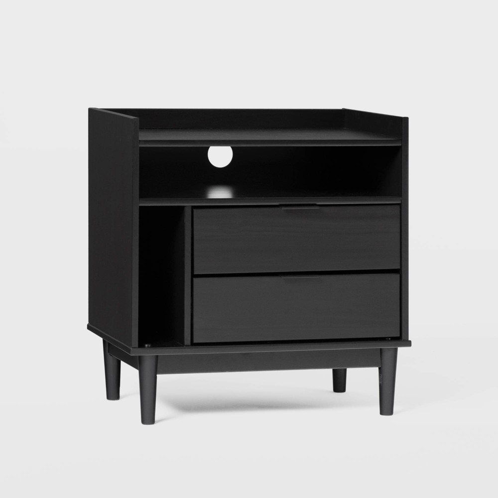 Mid-Century Modern Solid Wood 2 Drawer Storage Nightstand Black - Saracina Home