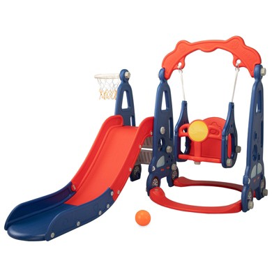 3 In 1 Slide And Swing Set With Basketball Stand For 1-8 Years Old Kids Indoor And Outdoor