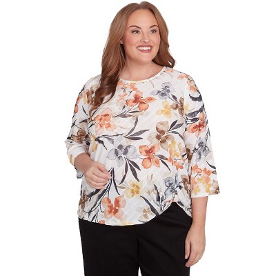 Alfred Dunner Womens Plus-Size Watercolor Floral Crewneck Top , Neutral Multi , Size 1X