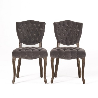 Charcoal Velvet Tufted Dining Chairs with Oak Legs, Set of 2