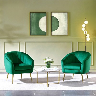 Green Velvet Barrel Accent Armchairs with Gold Metal Legs, Set of 2