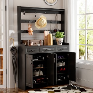 KTMBDW Four-Door Shoe Cabinet with Coat Rack, Spacious Top,3 Drawers, 8 Shelves, Metal hooks and handles for Hallway, Entryway, Living Room - 1 of 4