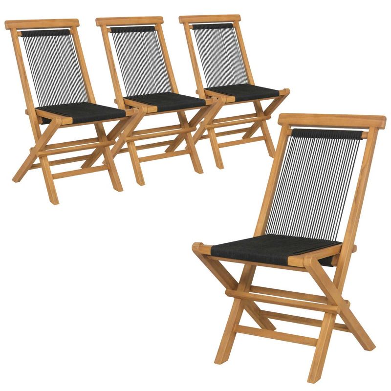 Costway 2/4 PCS Patio Folding Chairs with Woven Rope Seat & Back Indonesia Teak Wood for Porch Natural&Black, 1 of 9
