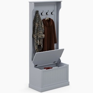 Aghana Digitals Gray Entryway Hall Tree: Wood Storage Bench with 4 Steel Hooks, Hinged Seat & - 1 of 4