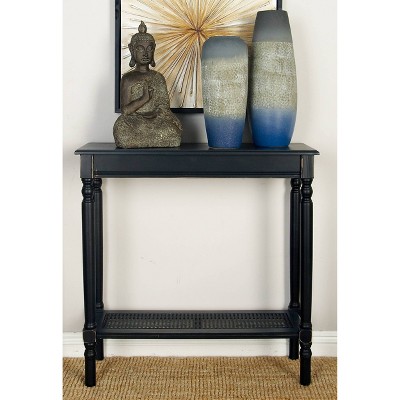 Black Wood Console Table with Glass Shelf and Storage