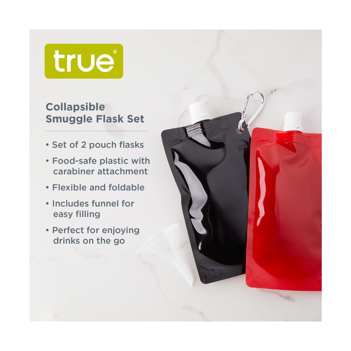True Smuggle Collapsible Plastic Flasks, Set of 2 Reusable Drink Pouches with Funnel and Carabiner for Wine, Liquor, Travel, Camping Gifts for Men - thumbnail 2