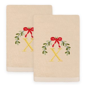 Linum Home Textiles Christmas MISTLETOE MONOGRAM - Embroidered Luxury 100% Turkish Cotton Hand Towels (Set of 2) - 1 of 3