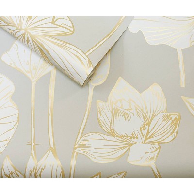 Metallic Gold and Gray Lotus Floral Peel and Stick Wallpaper