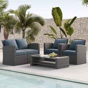 ELJGET 4 Piece Patio Furniture Set Outdoor Wicker Conversation Sets All Weather PE Rattan Sectional Sofa Set with Cushions & Coffee Table - 1 of 4