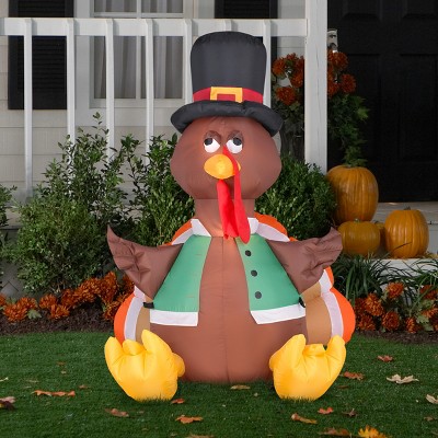Festive Brown and Orange Inflatable Thanksgiving Turkey, 4 ft Tall