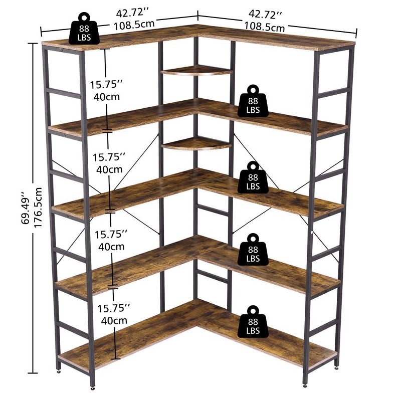 Whizmax 5-Tiers Corner Bookcase with Curved Panels, L Shaped Shelf with Metal Frame,Industrial Bookcases and Bookshelves,Retro Brown, 4 of 6