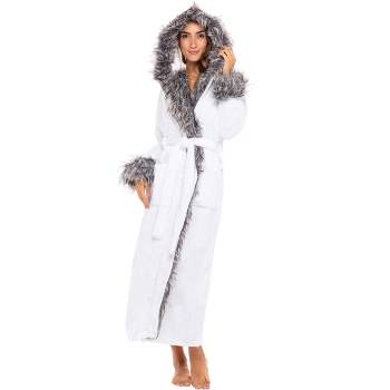 ADR Women's Faux Fur Feather Hooded Robe, Soft Plush Fleece Bathrobe with Hood