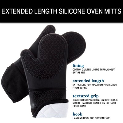 Extra Long Black Silicone Oven Mitts with Quilted Lining