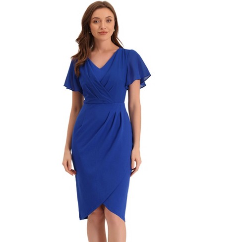 Allegra K Women's V Neck Flutter Sleeve Ruffle Elegant Work Midi Dress  Royal Blue Small : Target