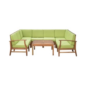 GDFStudio Abena Outdoor Acacia Wood 8 Seater U-shaped Sectional Chat Set with Cushions - 1 of 4