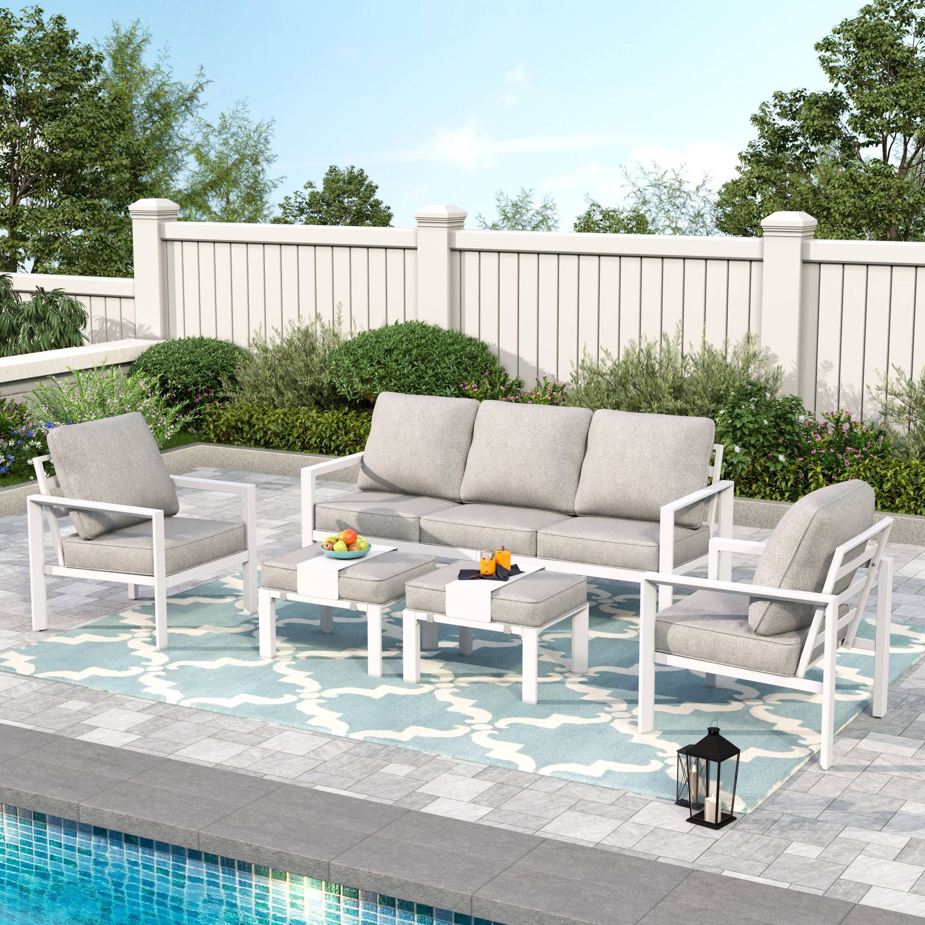 Captiva Designs 5pc Modern Aluminum Outdoor Patio Conversation Set with Ottomans