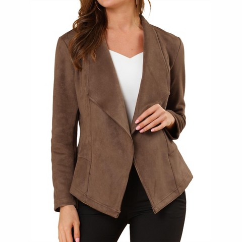 Женская куртка Allegra K Faux Suede Lapel Draped Outwear Open Front Jacket Large Light Brown, цвет: Светлый коричневый