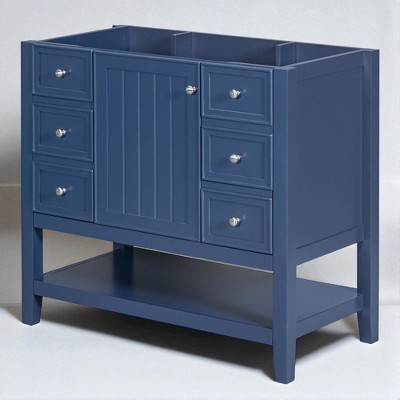 36" Freestanding Bathroom Vanity Base Only, Black Solid Wood & MDF Cabinet with 1 Door, 3 Drawers & Open Shelf, No Sink