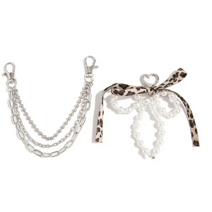 Alilang Pearl Bow Chain Bag Charm with Leopard Ribbon Layered