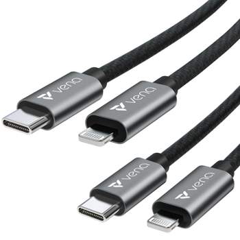 Vena Apple MFI Certified Type-C to Lightning Woven Cable with Aluminum Housing - Space Gray Plug/Black Jacket - 3FT - 2-Pack