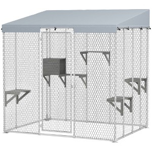 PawHut Large Catio Outdoor Cat Enclosure, Galvanized Steel Outdoor Cat House with 420D Waterproof Canopy for 1-3 Large Cat, Walk-in Cat Cage, Silver - 1 of 4