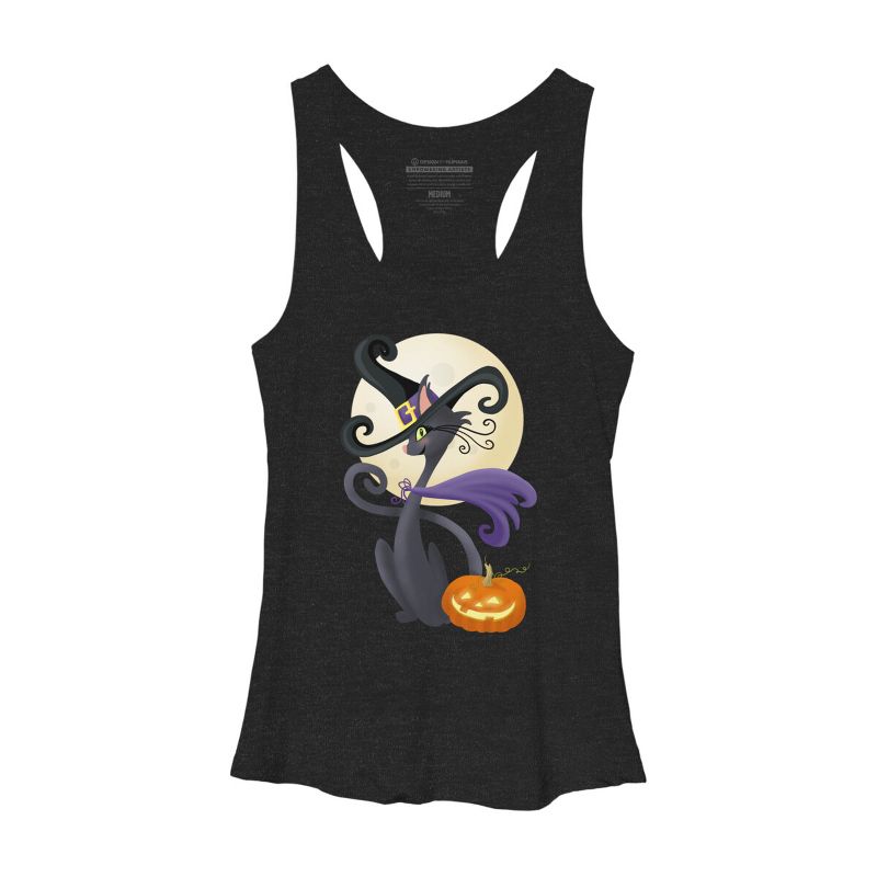 Women's Design By Humans Bewitching Black Halloween Kitty Cat By LittleBunnySunshine Racerback Tank Top, 1 of 4